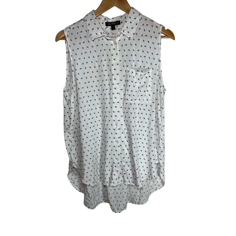 Velvet Heart Sleeveless Blouse Women Large White Black Leaf Print Button Down
